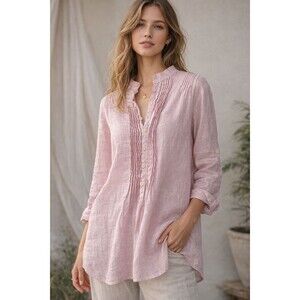 CP Shades Linen Button Front Tunic Top Pink Pintuck Oversized Coastal Cottage XS